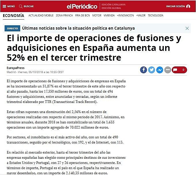 El importe de operaciones de fusiones y adquisiciones en Espaa aumenta un 52% en el tercer trimestre